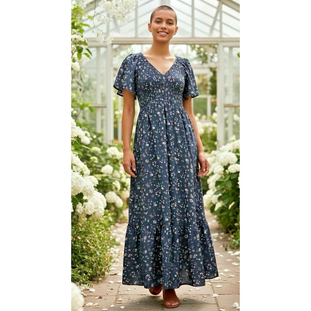 Baltic Born NEW! floral smocked v-neck flutter sleeve maxi dress sz M feminine